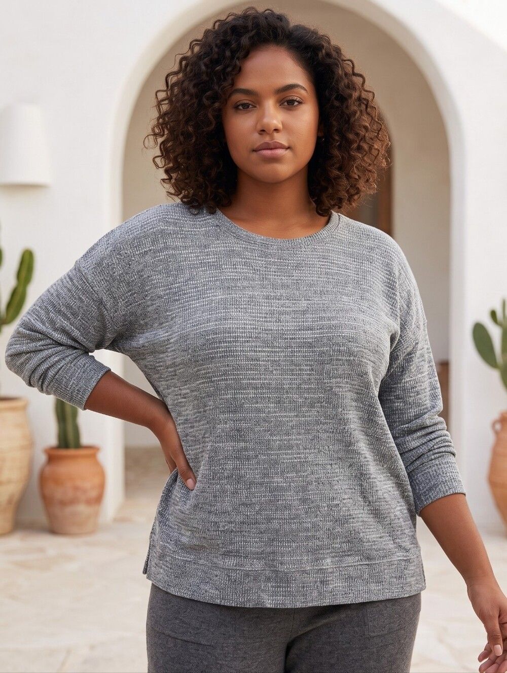 Sonoma Waffle Knit Thermal Top XXL Heather Gray Long Sleeve Stretch Pullover